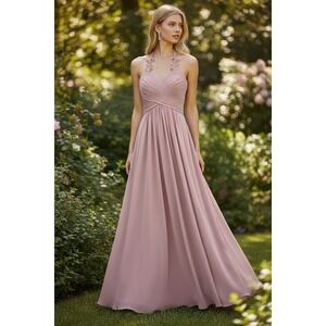 JJ's House Dusty Rose Chiffon Lace Halter Neck Formal Evening Gown Dress